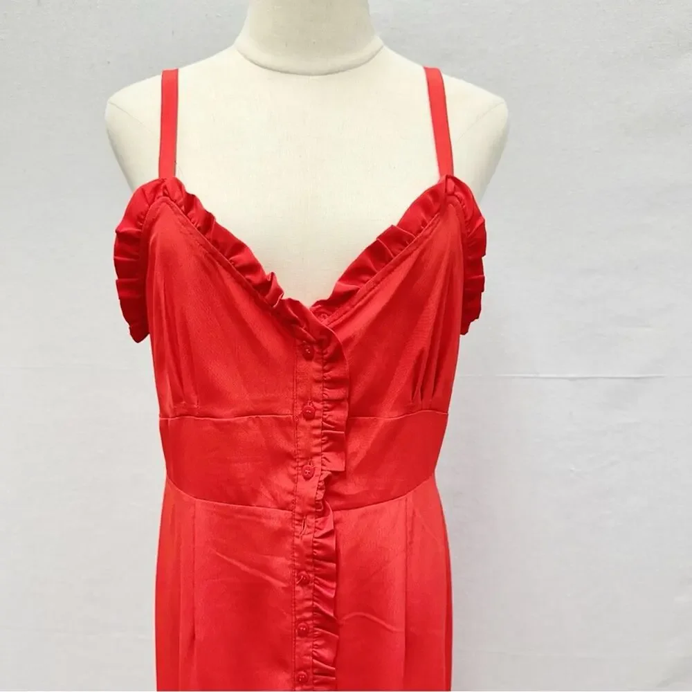 Topshop red ruffle accent button up sweetheart midi sunndress US size 8‎